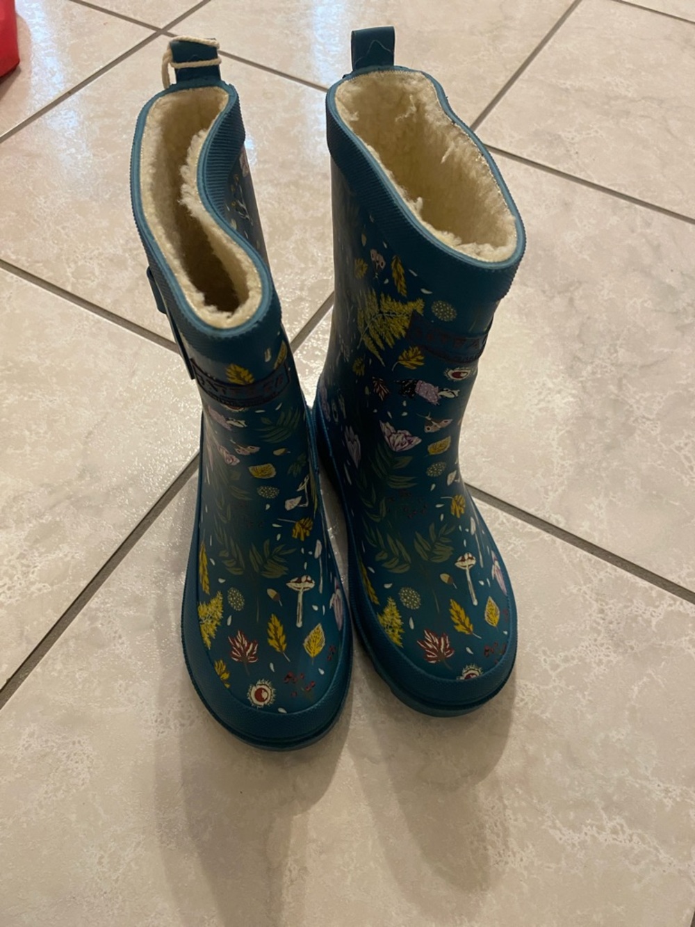 Fat Face Teal Floral Kids Rain & Snow Boots with Faux-Fur Lining